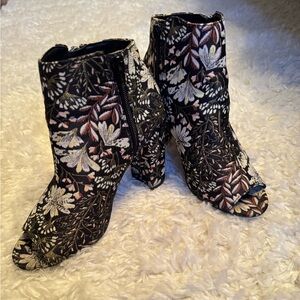 Floral Peep-Toe Ankle Boots in Black and Multicolor
